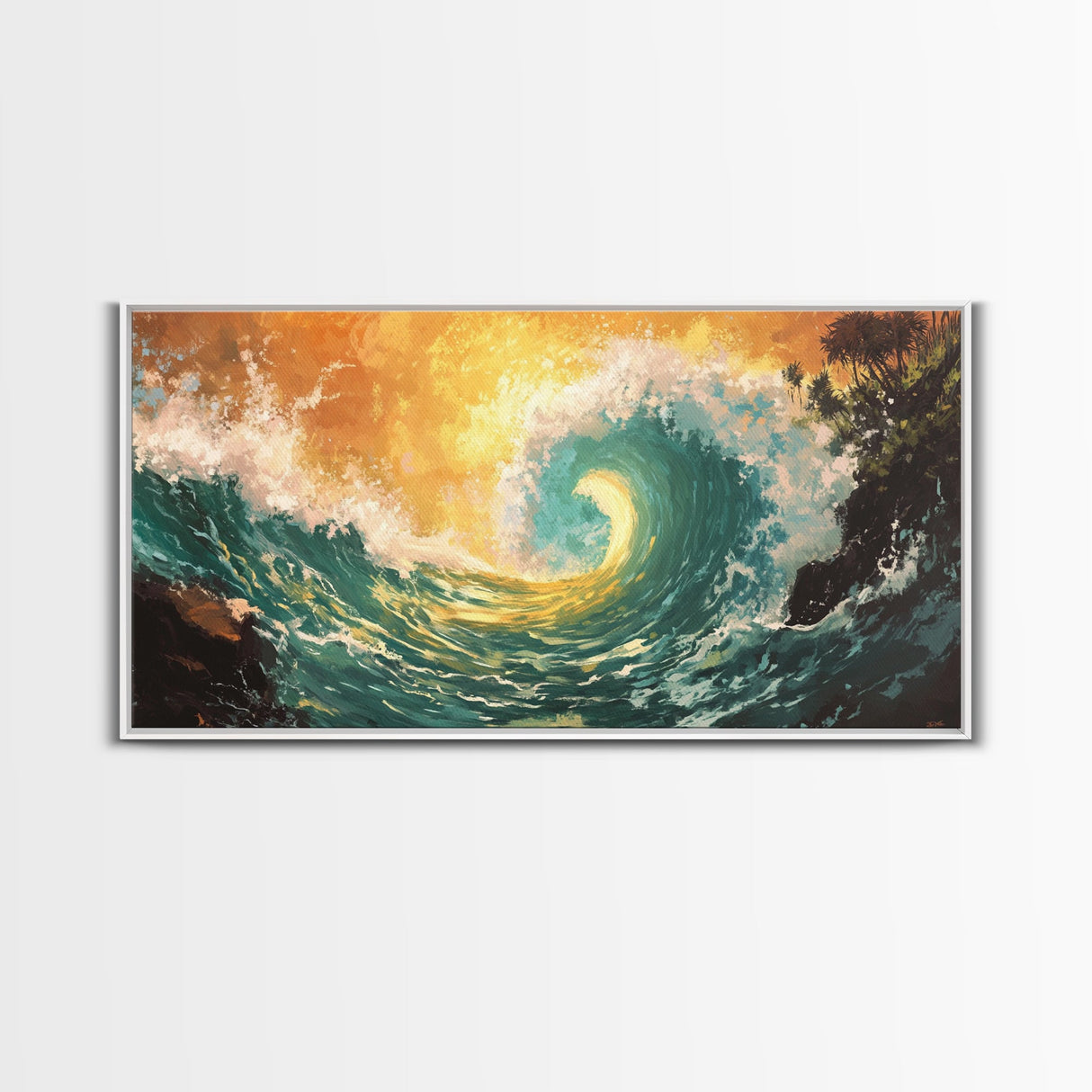 Golden Wave, surf wall art, seascape painting, coastal decor, nautical wall art, beach house decor, panoramic art, Canvas Print