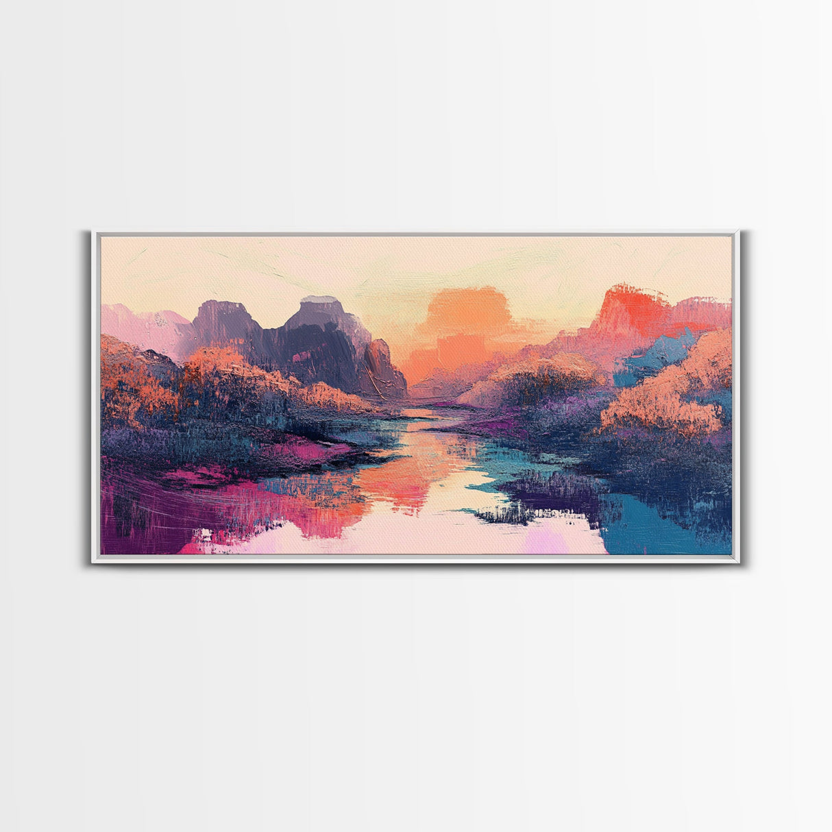 Sunset Landscape, Pink Orange Wall Art, Moody Art, Southwest Wall Art, Extra Wide Art, Horizontal Wall Art, Framed Canvas Print, Above Bed Art