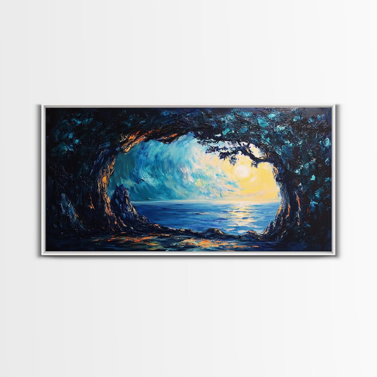 Ocean Cave, Framed Canvas Print, nautical wall art, coastal painting, extra wide painting, seascape painting, panoramic wall art