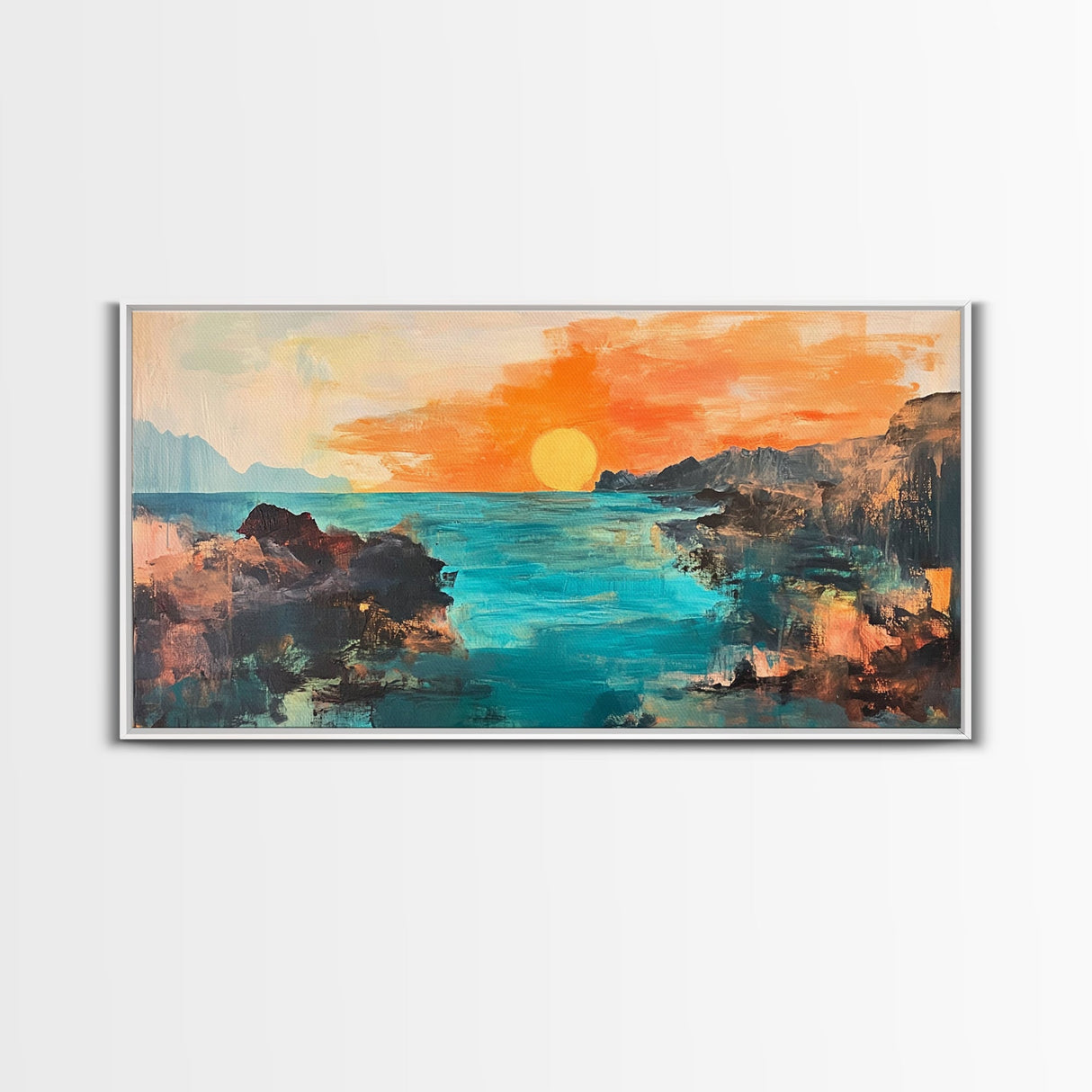Sunset Seascape, Framed Canvas Print, coastal landscape art, panoramic painting, extra wide painting, above bed art, ocean wall art