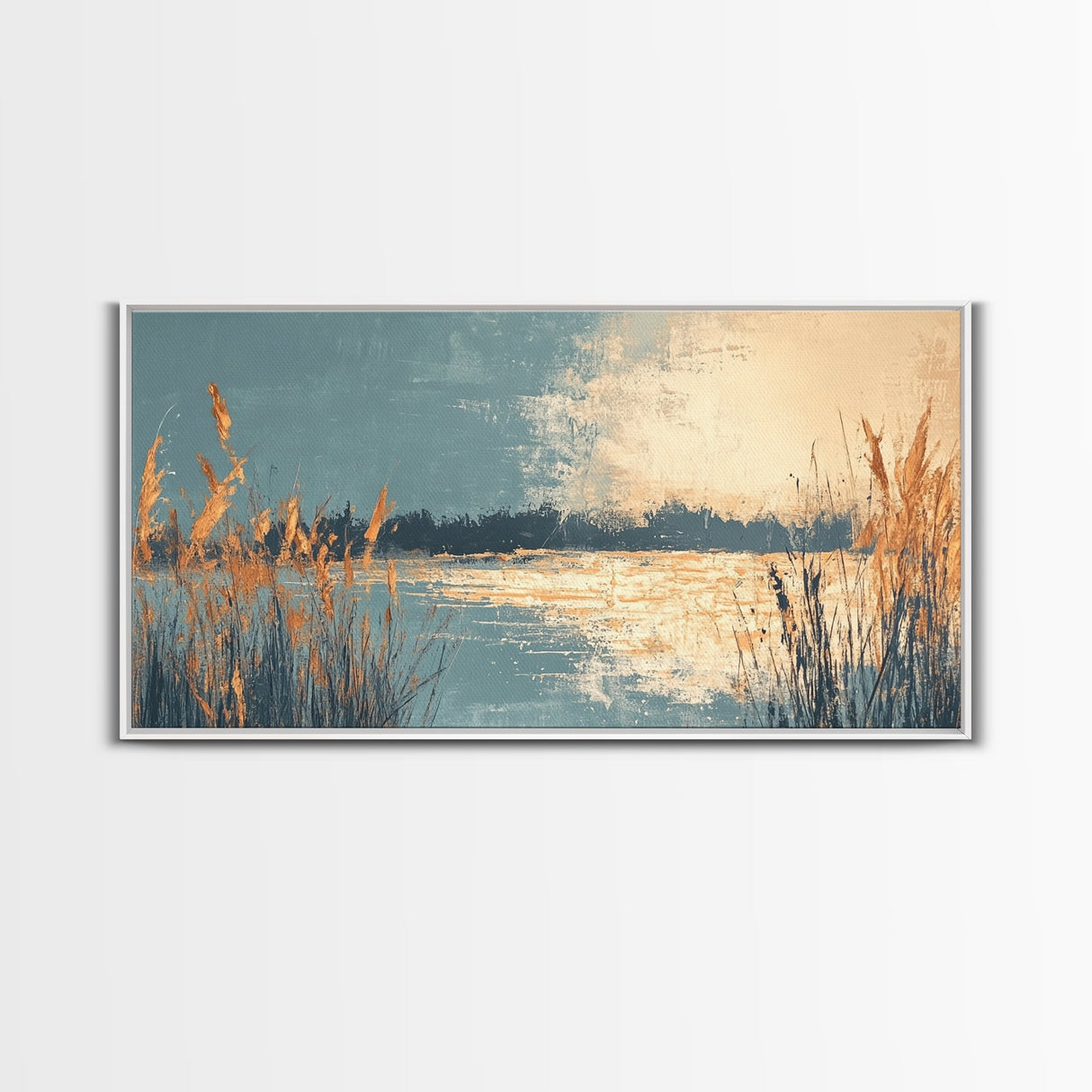 Marsh Landscape, Canvas Print, wabi sabi art, extra wide painting, panoramic wall art, minimalist landscape, soft neutral tones