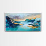 Serene Fjord, mountain painting, lake Tahoe art, blue and green wall art, panoramic painting, extra wide art, Framed Canvas Print, above sofa art