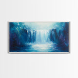 Majestic Waterfall, moody art, blue and green wall art, landscape painting, wabi sabi art, Framed Canvas Print, nature inspired art