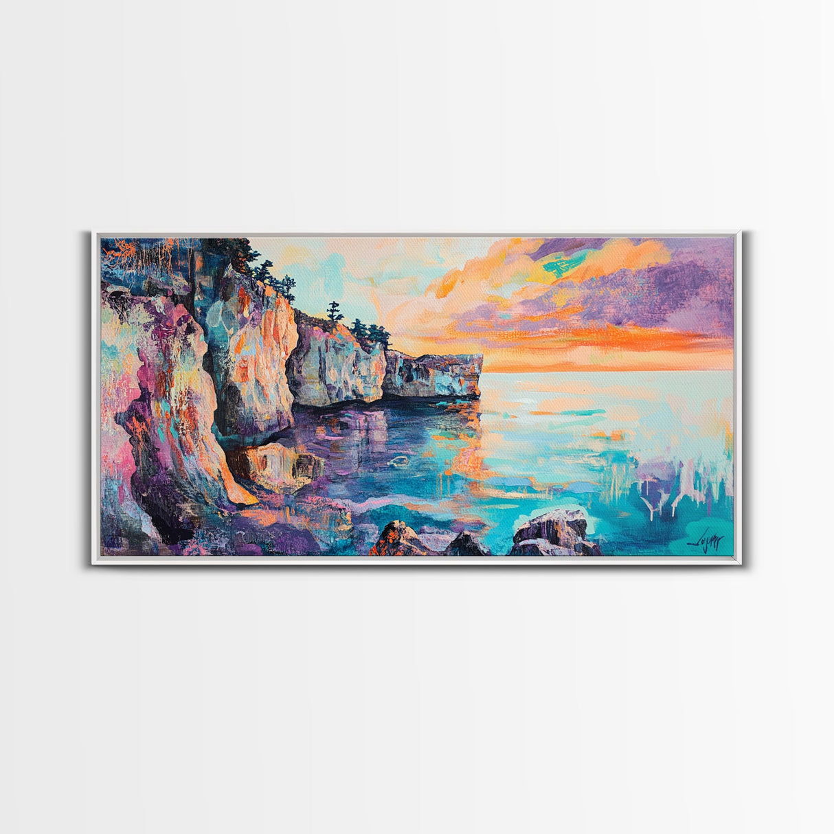 Sunset Over Cliffs, Coastal Painting, Ocean Landscape, Coastal Decor, Nautical Wall Art, Horizontal Wall Art, Framed Canvas Print
