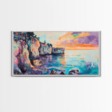 Sunset Over Cliffs, Coastal Painting, Ocean Landscape, Coastal Decor, Nautical Wall Art, Horizontal Wall Art, Framed Canvas Print
