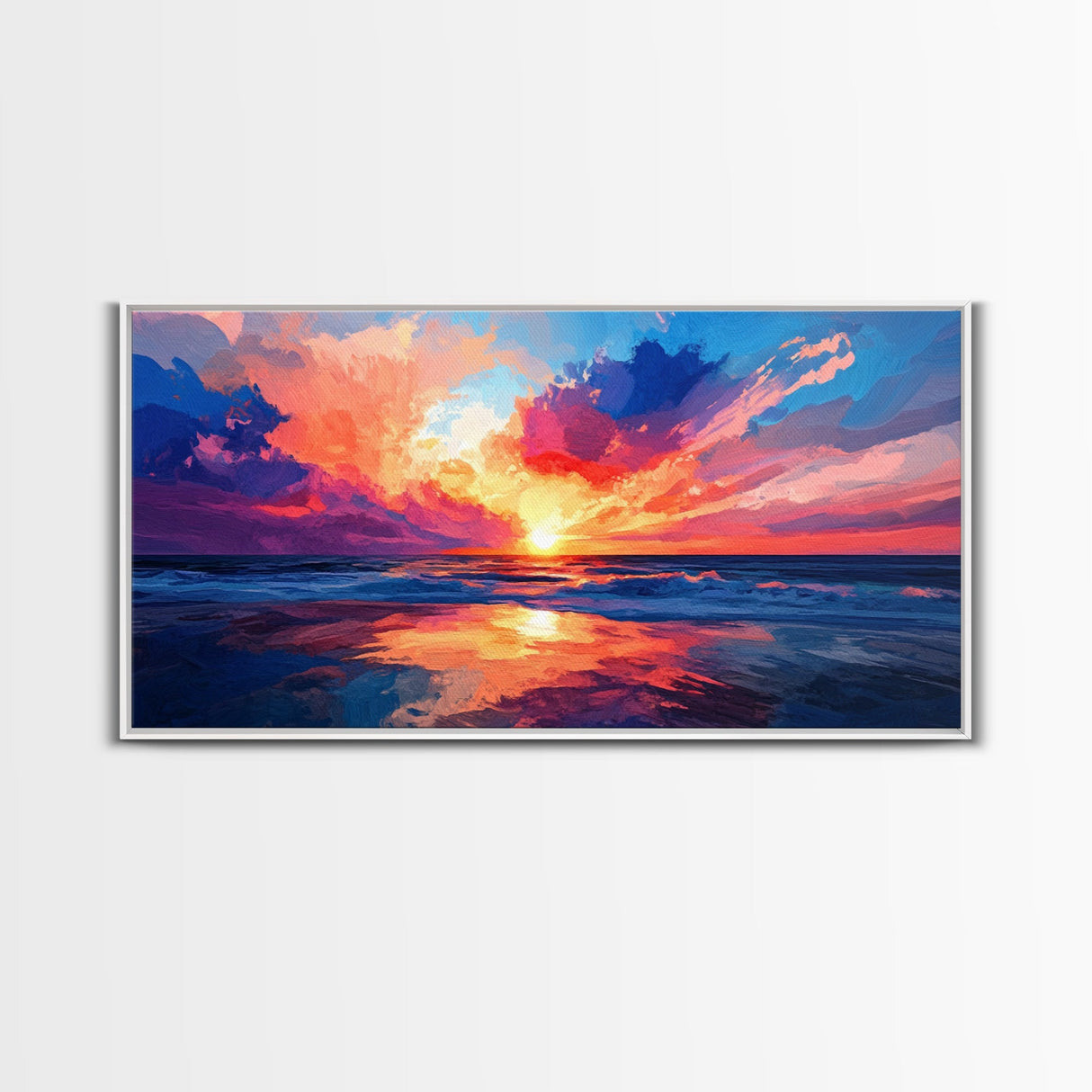 Sunset Beach, pink orange wall art, seascape painting, coastal wall art, panoramic art, ocean waves, extra wide art, Canvas Print