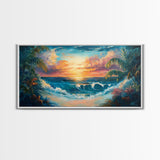 Tropical Waves, palm tree painting, Hawaii art, seascape painting, coastal decor, ocean painting, beach waves, Framed Canvas Print