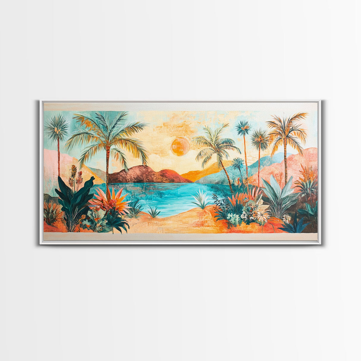 Tropical Sunset Art, Coastal Landscape Art, Boho Wall Art, Palm Tree Painting, Pink Orange Wall Art, Extra Wide Art, Canvas Print