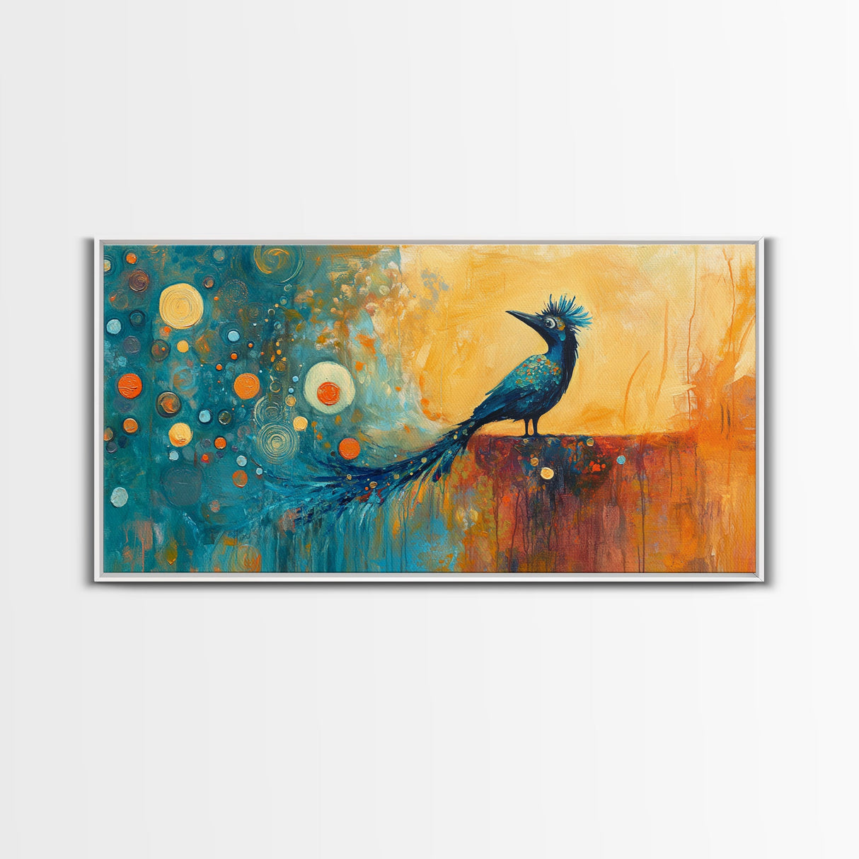 Whimsical Bird Art, Peacock Wall Art, Surreal Painting, Colorful Wall Art, Boho Art, Fantasy Art, Extra Wide Art, Framed Canvas Print