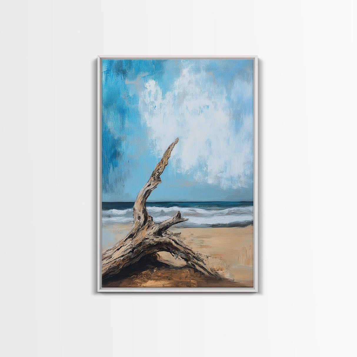 Driftwood, coastal landscape art, rustic decor, farmhouse art, framed canvas print, seascape painting, nautical decor, ocean art