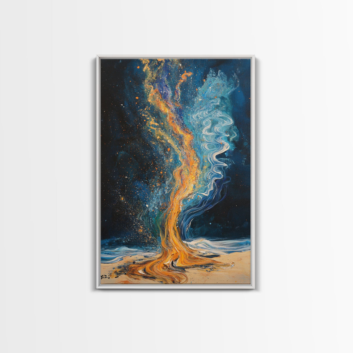 Fire and water, moody art, sacred geometry wall art, phoenix metal art, framed canvas print, abstract cosmic painting, mystical decor
