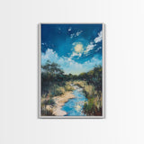 Moonlit Marsh, Moody Art, Coastal Landscape Art, Blue and Green Wall Art, Rustic Wall Art, Framed Canvas Print, Gift Idea
