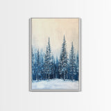 Winter Forest Scene, pine tree art, rustic wall art, moody art, landscape painting, minimalist art, Framed Canvas Print