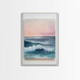 Ocean Sunset Waves, coastal decor, nautical painting, pink orange wall art, coastal landscape art, Canvas Print