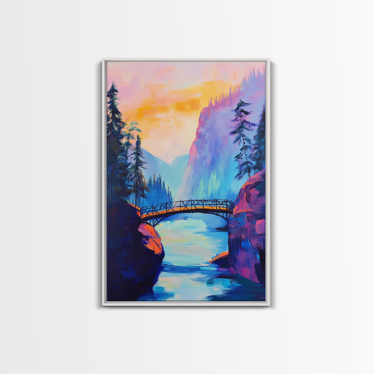 Vibrant Mountain Bridge, pink orange wall art, forest at dusk painting, landscape painting, above bed wall art, Canvas Print