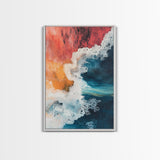 Fiery Ocean Wave, pink orange wall art, coastal landscape art, teal wall art, moody art, ocean abstract art, Framed Canvas Print
