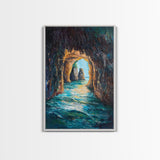 Sunlit Ocean Grotto, seascape painting, nautical painting, tropical wall art, blue and green wall art, Framed Canvas Print