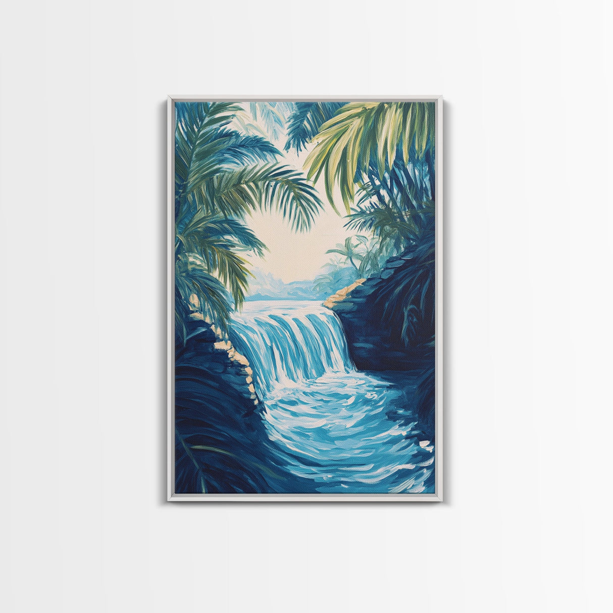 Jungle Waterfall View, tropical landscape painting, botanical prints, blue and green wall art, canvas print, extra wide art
