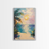 Tropical Beach Sunset, coastal cowgirl wall art, palm tree painting, beach scene, framed canvas print, bedroom art, nautical painting