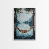 Hammock, Lake, Birch Trees, Framed Canvas Print, birch tree painting, landscape painting, wabi sabi art, rustic decor, extra wide art