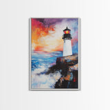 Lighthouse, Ocean, Sunset, Framed Canvas Print, coastal wall art, seascape painting, nautical painting, original painting, rustic decor