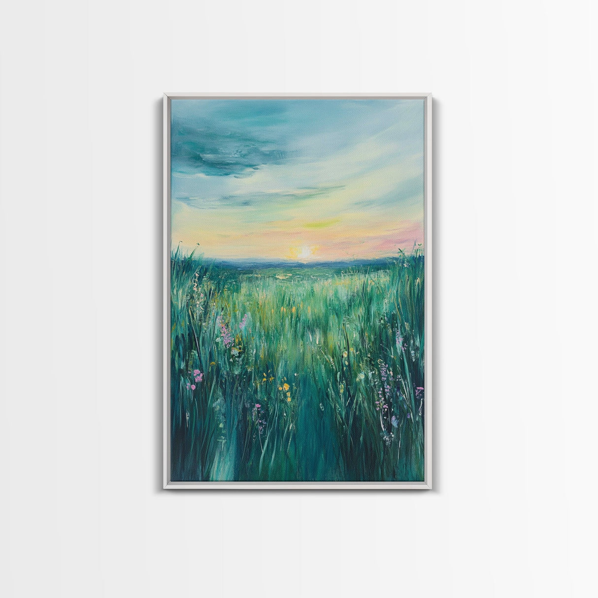 Wildflower Field, wildflower painting, botanical prints, pink orange wall art, bedroom art, Framed Canvas Print, farmhouse art