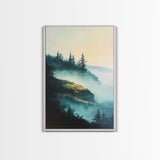 Foggy Mountains, mountain painting, smoky mountain art, pine tree art, forest at dusk painting, Framed Canvas Print, bedroom art