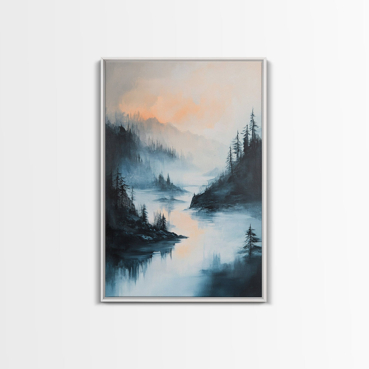 Misty Lake, landscape painting, smoky mountain art, pine tree art, moody art, blue and green wall art, Canvas Print, above sofa art