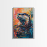 Otter Portrait, wildlife painting, whimsical art, blue and green wall art, Canvas Print, original painting, rustic wall art, gift idea