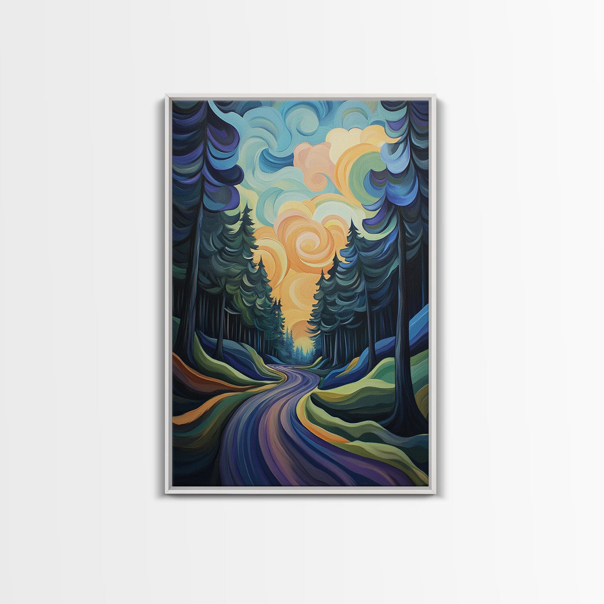 Fantasy Forest, pine tree art, forest at dusk painting, smoky mountain art, Canvas Print, moody art, tall skinny art, guest room art