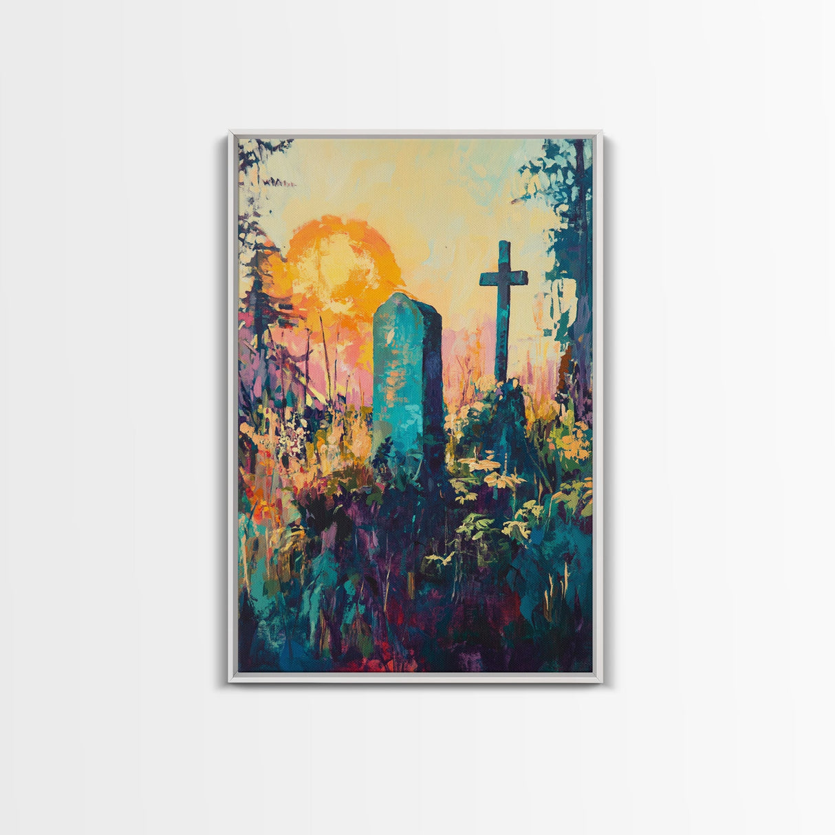 Graveyard Sunset, dark romance painting, gothic wall art, moody art, vintage folk art, atmospheric painting, framed canvas print