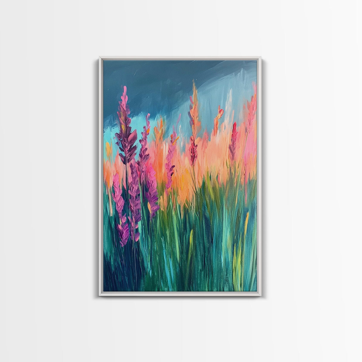 Wildflower Painting, poppy wall art, pink orange wall art, floral landscape, botanical prints, framed canvas print, rustic wall art