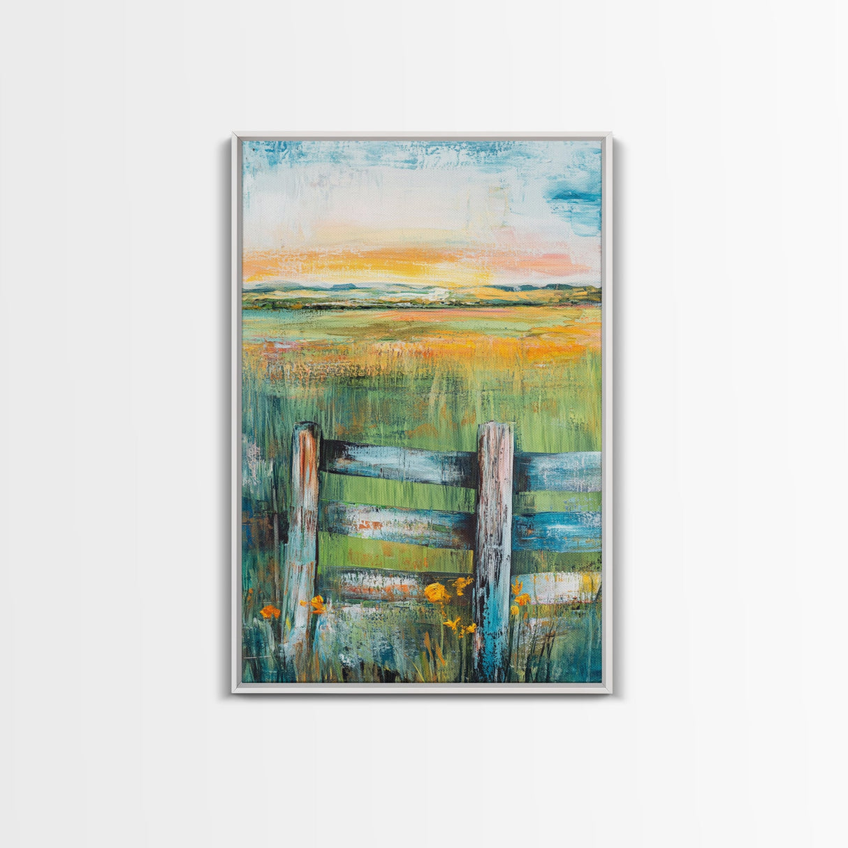 Field Sunset, wildflower painting, landscape painting, rustic wall art, nature wall art, bedroom art, framed canvas print, home decor