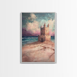 Fantasy Castle Framed Canvas Print Dreamy Coastal Art, Whimsical Beach Painting, Living Room Wall Decor, Pastel Ocean Landscape