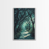 Mystical Tree Tunnel Framed Canvas Print Enchanted Forest Art, Fantasy Landscape, Dark Green Nature Decor, Living Room Wall Art