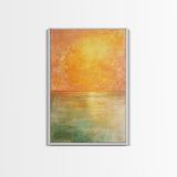 Golden Sunset Horizon Framed Canvas Print Warm Minimalist Wall Art, Serene Ocean Painting, Modern Living Room Decor, Calming Tones