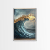 Majestic Ocean Wave Canvas Print Abstract Coastal Art, Gold and Blue Beach Wall Decor, Surfing Aesthetic, Living Room Accent