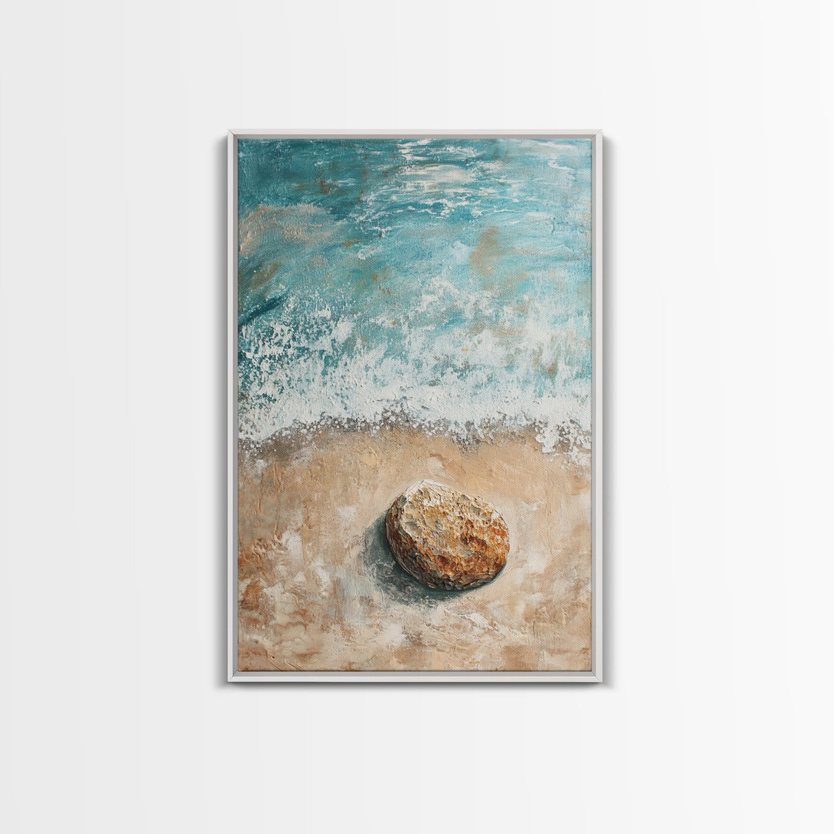 Serene Beach Stone Canvas Print Tranquil Ocean Art, Coastal Zen Wall Decor, Relaxing Beach House Style, Minimalist Seascape Painting