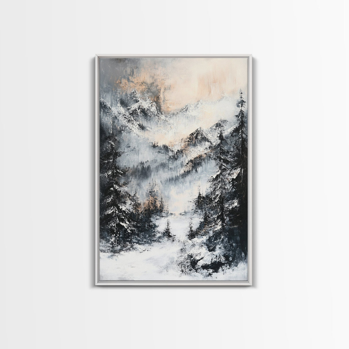 Snowy Mountain Scene Canvas Print Winter Wonderland Wall Art, Alpine Landscape Painting, Cozy Cabin Decor, Neutral Holiday Artwork