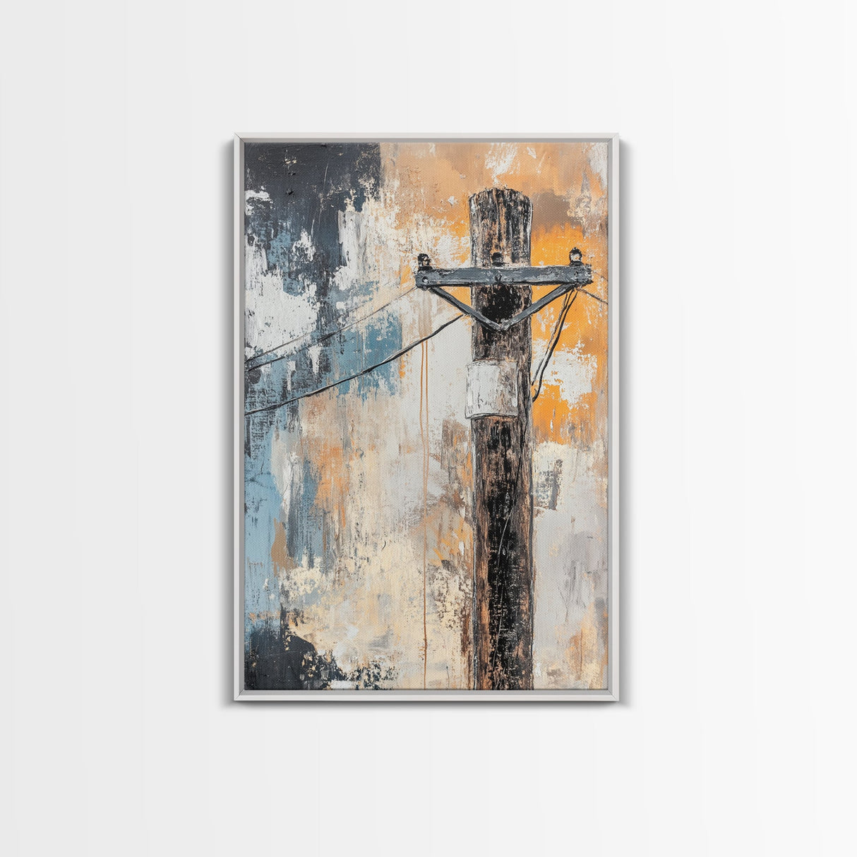 Rustic Telephone Pole Framed Canvas Print Industrial Wall Art, Urban Grunge Decor, Abstract Cityscape Painting, Modern Office Artwork