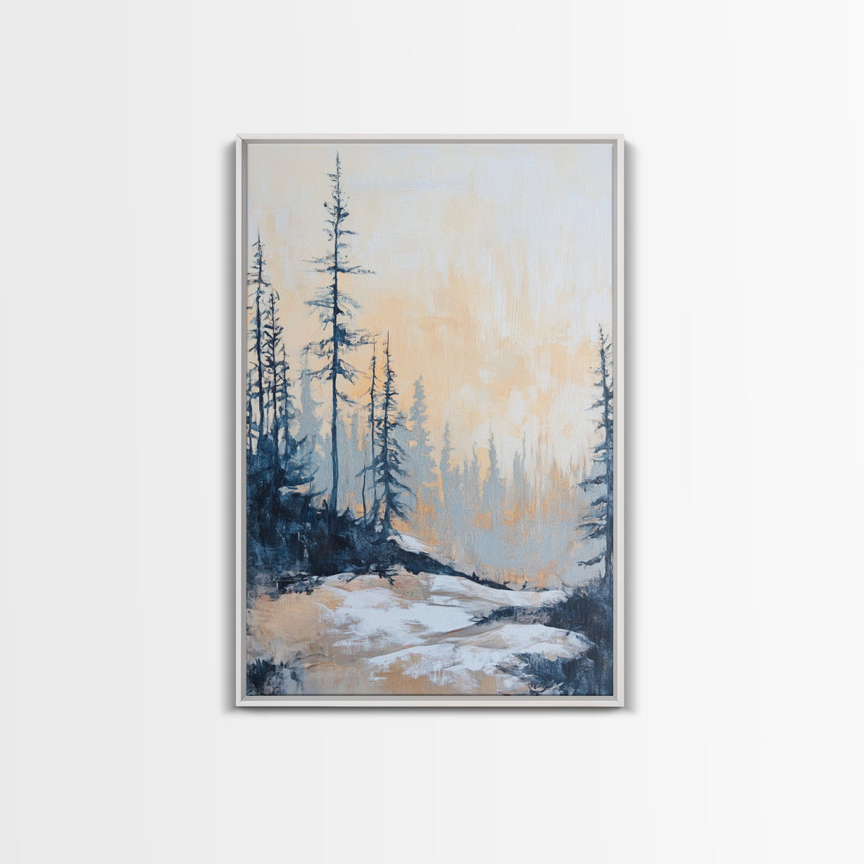 Misty Forest Framed Canvas Print Winter Landscape Wall Art, Nordic Minimalist Decor, Moody Nature Painting, Serene Living Room Artwork