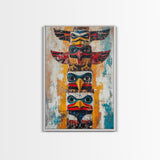 Totem Pole Art Framed Canvas Print Rustic Wall Decor Native American Art Tribal Home Decor Lodge Artwork Cabin Wall Art Southwest Boho