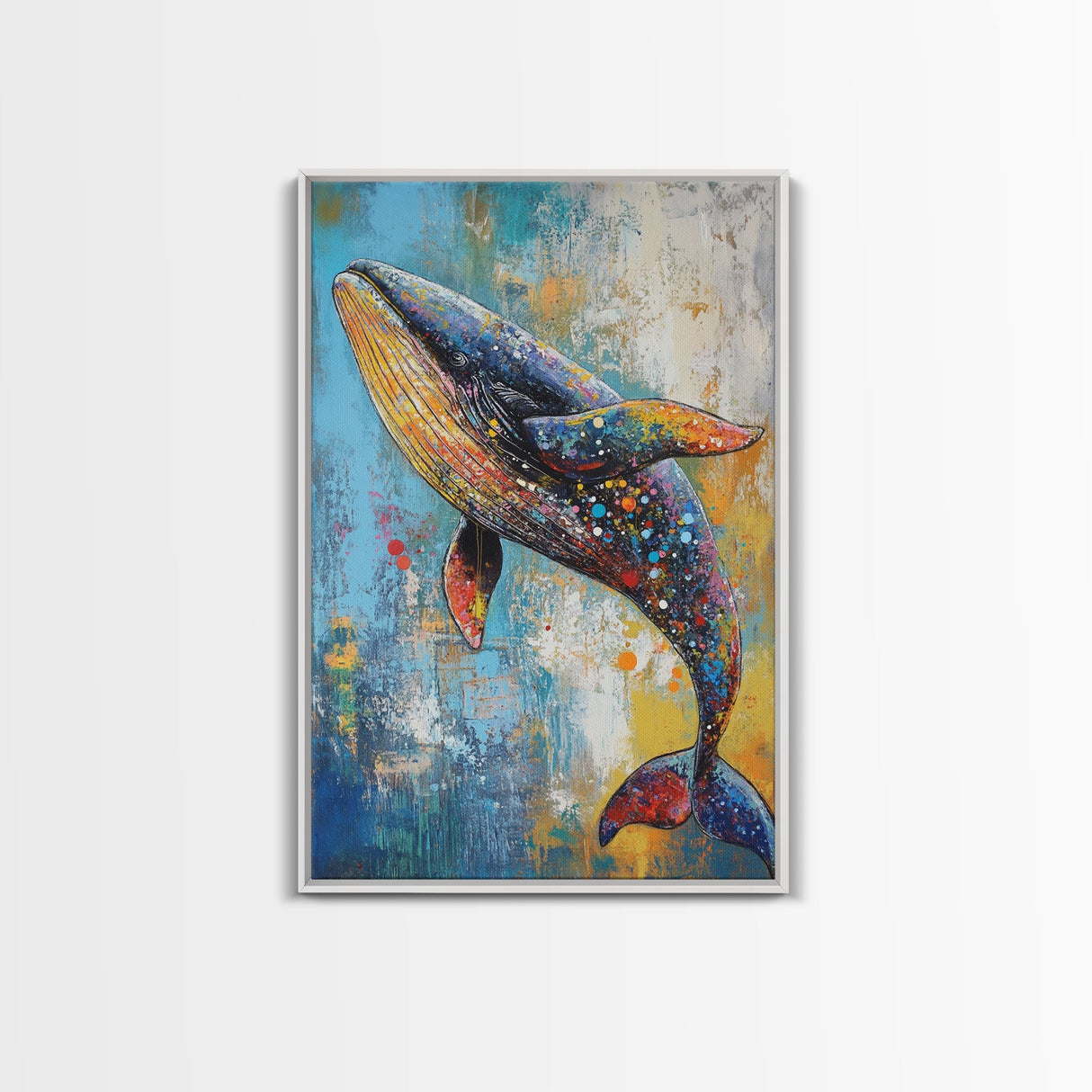 Blue Whale Framed Canvas Print Ocean Wildlife Art Colorful Nautical Wall Decor Coastal Home Aesthetic Sea Lover Gift