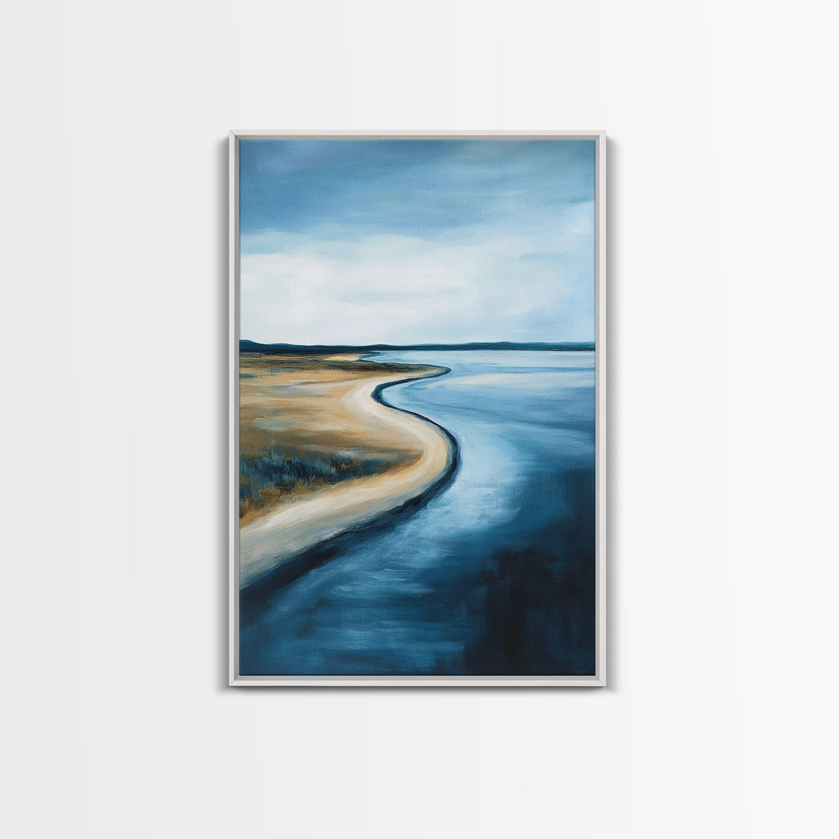 Serene Shoreline Framed Canvas Print Minimalist Coastal Landscape Wall Art, Beach Tranquility Painting, Nautical Home Decor