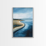 Serene Shoreline Framed Canvas Print Minimalist Coastal Landscape Wall Art, Beach Tranquility Painting, Nautical Home Decor