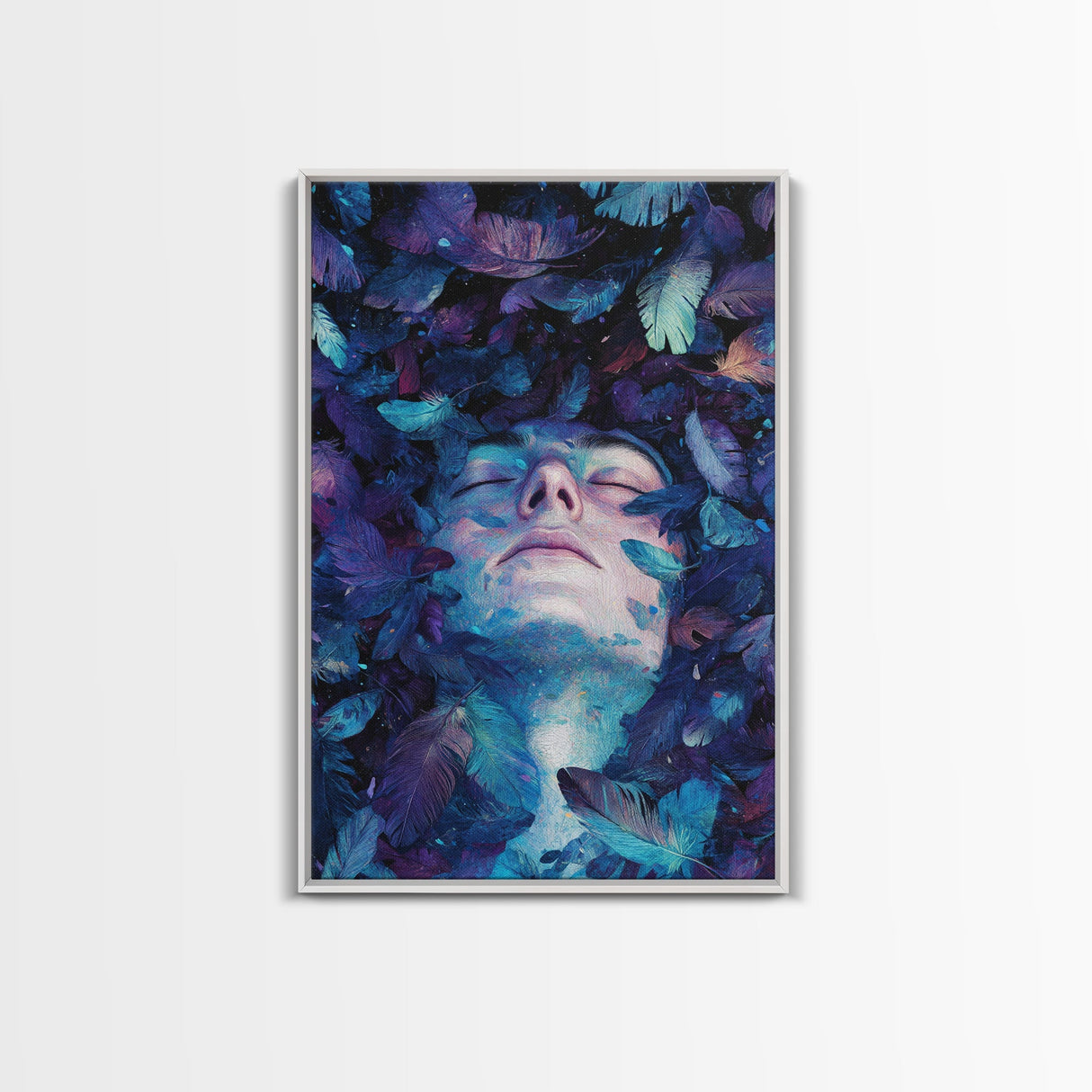 Dreamy Blue Feathers Canvas Print | Ethereal Surreal Art | Boho Bedroom Decor | Unique Abstract Painting | Cosmic Wall Art
