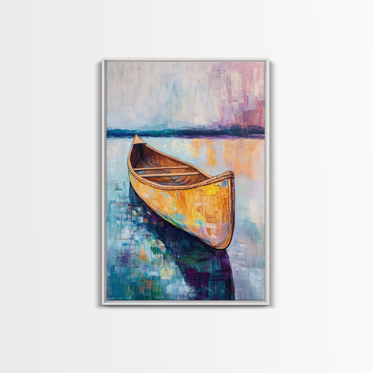 Wooden Canoe, Coastal Landscape Art, Nautical Wall Art, Seascape Painting, Lake Tahoe Art, Extra Wide Art, Framed Canvas Print