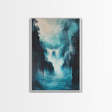 waterfall painting, landscape painting, framed canvas print, mountain painting, rustic wall art, blue and green wall art, gift idea