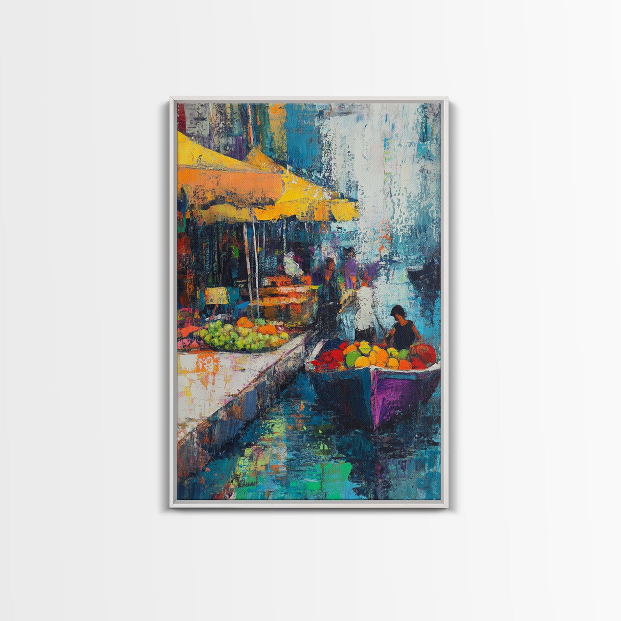 Market Boats, Coastal Decor, Nautical Painting, Vibrant Wall Art, Rustic Art, Canvas Print, Extra Wide Art, Living Room Art