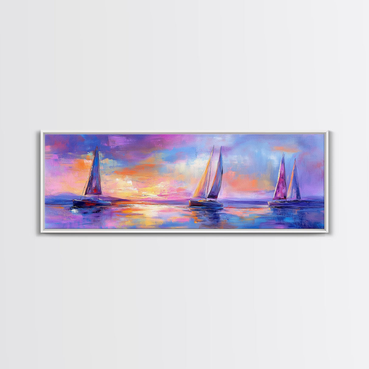 Sailboats at Sunset Framed Canvas Print Nautical Wall Art, Vibrant Ocean Painting, Coastal Home Decor, Large Living Room Artwork